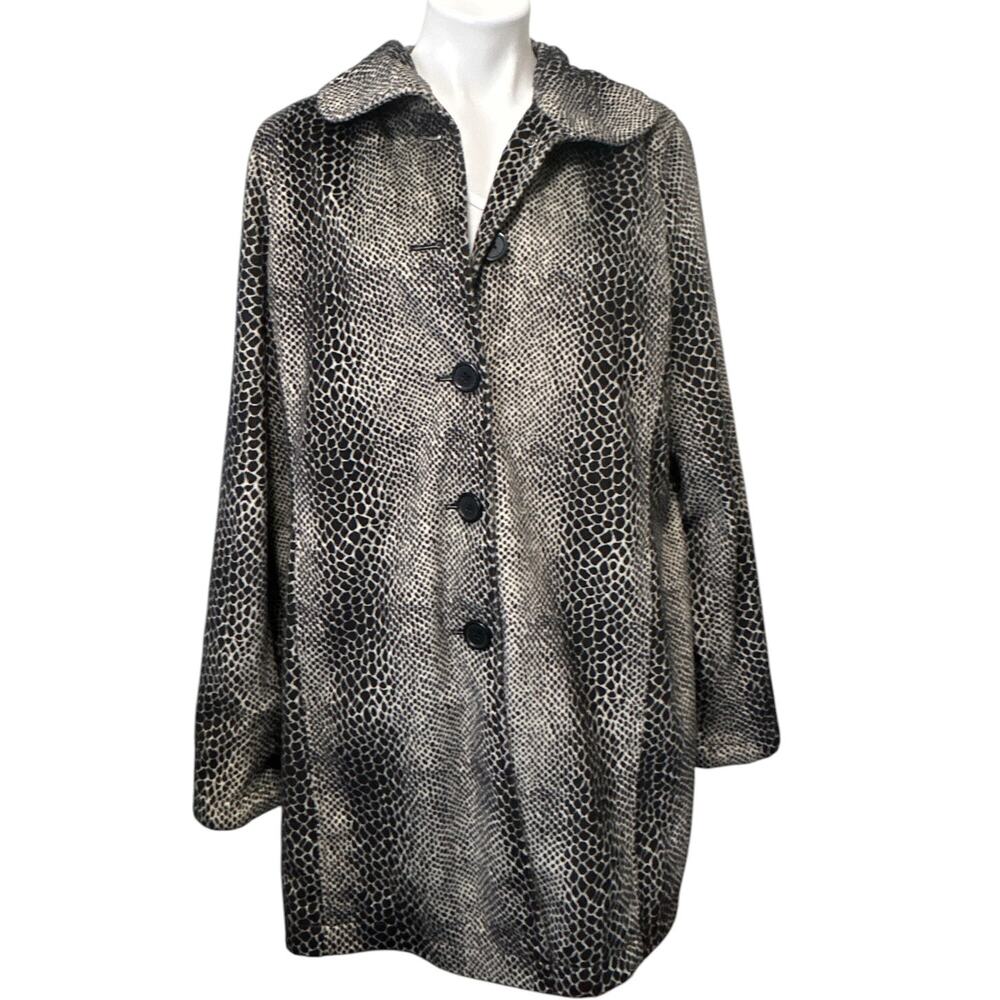 Dennis by Dennis Basso Swing Coat Women's L Black Cream Snake Print Boho Chic